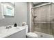 Bathroom featuring gray vanity, toilet, and tiled shower with sliding glass door at 2314 Clements Dr, Durham, NC 27704