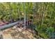 Backyard retreat features a charming red outbuilding, a cozy fire pit and a serene creek at 3001 Greystone Dr, Rocky Mount, NC 27804