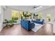 Sunroom featuring two blue couches, a ceiling fan, skylights, and several large windows at 312 Alliance Cir, Cary, NC 27519