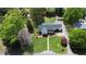 Aerial view of a charming two-story home with a well-manicured lawn, mature trees, and driveway at 3609 Hawthorne Rd, Rocky Mount, NC 27804
