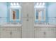 Dual-sink bathroom with granite countertops and a central storage cabinet at 490 Shawnee Dr, Louisburg, NC 27549