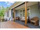 Covered back porch with lounge seating and wood support posts at 503 Fish Pond Ct, Rolesville, NC 27571
