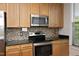 Close-up view of kitchen cabinets, mosaic backsplash, and stainless steel appliances at 700 Finsbury St # 306, Durham, NC 27703