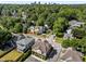 Picturesque aerial view of a neighborhood, showcasing tree-lined streets and various homes with a city skyline in the distance at 714 Mordecai Towne Pl, Raleigh, NC 27604