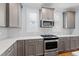 Close-up of kitchen features including stainless steel oven, white quartz counters, white subway tiles, and grey cabinets at 905 Moye Dr, Raleigh, NC 27606