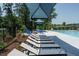 Community pool area with poolside lounge chairs, blue umbrellas, and an outdoor fire pit at 1636 Raven Falls Dr, Wendell, NC 27591