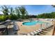 Community outdoor pool featuring lounge chairs, umbrellas, and shaded cabanas amidst lush green trees on a sunny day at 1643 Wimberly Rd, Apex, NC 27523