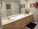 Bathroom featuring a long double sink vanity, light wood cabinets and a large mirror at 2002 Clyde Bank Ct, Cary, NC 27511