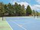 Bright community tennis court with a blue surface, white lines, and tall green trees around the perimeter at 2067 White Pond Ct, Apex, NC 27523
