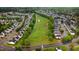 Scenic aerial view of a neighborhood surrounding a lush green golf course, showcasing community living at 2120 Castle Pines Dr, Raleigh, NC 27604