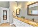 Bathroom with granite countertops, double sinks, white cabinetry, and framed mirrors at 2326 Marlow Dr, Burlington, NC 27215