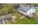 Aerial view of the fenced backyard, with deck, shed, and well-maintained lawn at 2721 Thelma St, Durham, NC 27704