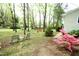 An ample shady backyard with mature trees, flowering bushes, and two wrought iron chairs at 505 E Graham St, Mebane, NC 27302