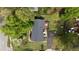 Top-down aerial view of house with deck, brick chimney, driveway, and green grass at 700 Sawmill Rd, Raleigh, NC 27615