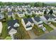 This is an aerial view of a cozy neighborhood showing an exterior elevation of the front yards and homes at 1533 Brown Owl Dr, Raleigh, NC 27610