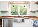 Updated kitchen sink featuring wood countertops, open shelving, stainless appliances, and backyard view at 1617 Woodland Ave, Burlington, NC 27215
