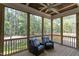 Relaxing screened porch with vaulted ceiling, wood flooring, ceiling fan, and comfortable seating with outdoor view at 205 Riverine Dr, Pittsboro, NC 27312