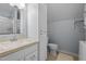 Bathroom featuring a vanity, toilet, and shower, with storage on the side at 2259 Helena Moriah Rd, Timberlake, NC 27583
