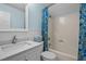 Bathroom featuring a tub, shower, white vanity, and blue accents at 2259 Helena Moriah Rd, Timberlake, NC 27583