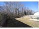 Serene backyard featuring a wooden fence, mature trees, and a small patio with outdoor seating at 3244 Marcony Way, Raleigh, NC 27610