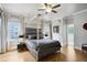 The main bedroom is filled with natural light with a modern bedframe and stylish accents at 3332 Cheswick Dr, Raleigh, NC 27609