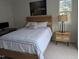 Cozy bedroom featuring a comfortable bed, with large windows and a painting above the bed at 4502 Pale Moss Dr, Raleigh, NC 27606