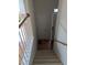 Carpeted staircase leading down to a landing area with hardwood floors and a door at 4502 Pale Moss Dr, Raleigh, NC 27606