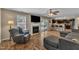 Comfortable living room boasts a fireplace, TV, and seamless access to the kitchen and outdoor patio at 78 Parkview Ln, Lillington, NC 27546