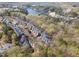 Beautiful aerial view of townhomes with a scenic lake and surrounding trees, marked unit with star at 222 Lions Gate Dr, Cary, NC 27518