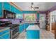 Unique kitchen boasting turquoise cabinets, stainless steel appliances, and an island at 3011 Kenan Rd, Durham, NC 27704