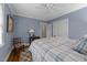 A bright bedroom features blue walls, hardwood floors, and a comfortable-looking bed with plaid comforter at 119 Montgomery St, Raleigh, NC 27607