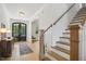 Welcoming foyer with hardwood floors, staircase, and stylish decor, leading into the home at 143 Sallyport Ct, Raleigh, NC 27603
