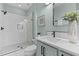 Stylish bathroom with modern fixtures, a glass-enclosed shower, and marble countertops at 1535 Caraleigh Mills Ct # 104, Raleigh, NC 27603