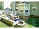 Backyard patio area with a fire pit, comfortable seating, and well-maintained landscaping for outdoor entertaining at 212 Mickleson Ridge Dr, Raleigh, NC 27603