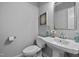 Half bath features a pedestal sink, decorative mirror and light gray paint at 255 Seven Island Rd, Pittsboro, NC 27312