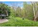 Backyard with green lawn, patio, grill, and lush tree line at 308 Apricot Cir, Morrisville, NC 27560