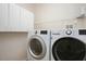 Functional laundry room with white cabinets, wire shelving, and modern LG washer and dryer at 308 Apricot Cir, Morrisville, NC 27560