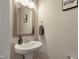 Bathroom featuring a pedestal sink, decorative mirror, towel rack, and neutral paint at 375 Alcock Ln, Youngsville, NC 27596