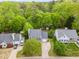 An aerial view shows a well-maintained home with a lush backyard and mature trees in a residential neighborhood at 5033 Knightsbridge Way, Raleigh, NC 27604