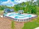 Aerial view of the community pool featuring ample seating, covered picnic areas and lush green landscaping at 103 Berry Mill Ln # 133, Raleigh, NC 27603