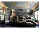 Home theater with tiered seating, projector, and decorative lighting, providing an immersive viewing experience at 111 Finnway Ln, Cary, NC 27519