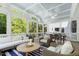 Relaxing screened porch with vaulted ceiling, wicker furniture, and wooded views at 111 Finnway Ln, Cary, NC 27519