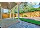 Charming back patio with stone flooring, ceiling fan, and well-maintained yard at 1309 Pecora Ln, Raleigh, NC 27607