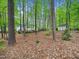 Wooded backyard view with mature trees, colorful flowers, a house and a storage shed at 2001 Virginia Dare Pl, Raleigh, NC 27610