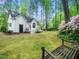 Green backyard showcasing lush lawn, flowering bushes, mature trees, and the back of a white house at 2001 Virginia Dare Pl, Raleigh, NC 27610