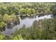 Scenic aerial view of a tranquil lake surrounded by lush trees, showcasing a peaceful community setting at 208 Clark Lake Rd, Durham, NC 27707