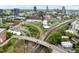 Aerial view featuring a complex transportation infrastructure, including bridges and railroads, with a cityscape in the distance at 524 S Boylan Ave, Raleigh, NC 27603
