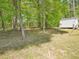 Private wooded backyard featuring mature trees and a storage shed at 5708 Butter Churn Way, Fuquay Varina, NC 27526