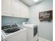 Laundry room with front loading washer and dryer, overhead cabinets, and 'Laundry Sucks' sign at 5708 Butter Churn Way, Fuquay Varina, NC 27526