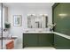 Stylish bathroom with double sinks, modern fixtures, and ample storage space in green cabinets at 9100 Dansforeshire Way, Wake Forest, NC 27587